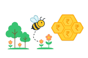 "Bee flying from flowers and trees towards honeycomb with rupee symbols representing FinBees Wealth"
